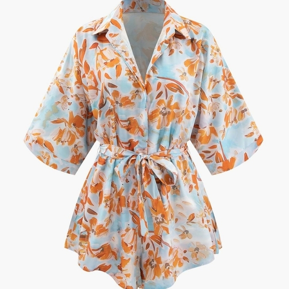 Floral Print Tie Waist Bell Sleeve Romper - Picture 1 of 1